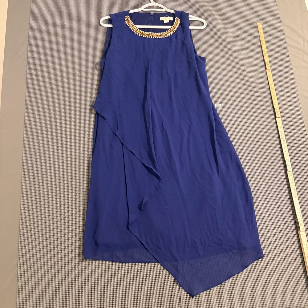 Prelude Womens Royal Blue Beaded Neckline Asymmetrical Tiered Dress Size 10